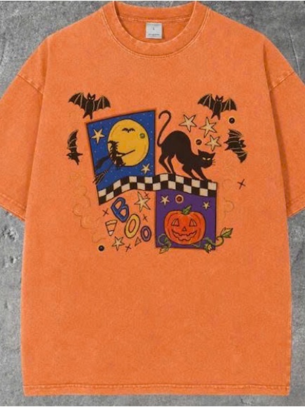 Orange Halloween Graphic Short Sleeve Tee with Black Cat & Pumpkin